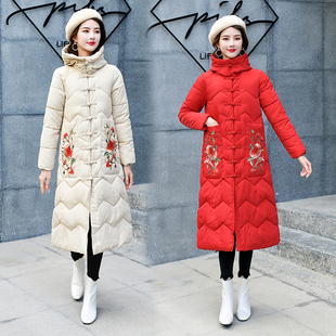 民族风唐装旗袍羽绒棉服女长款大码宽松连帽棉袄刺绣过膝棉衣外套