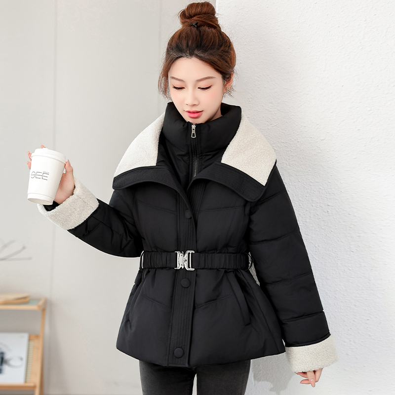 冬新款假两件大码收腰羊羔毛翻领棉袄宽松加厚羽绒棉衣女棉服外套