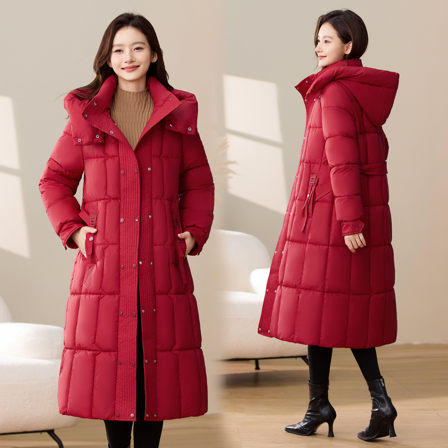 新款羽绒棉服女中长款过膝加厚收腰红色棉袄冬季可拆卸帽棉衣外套