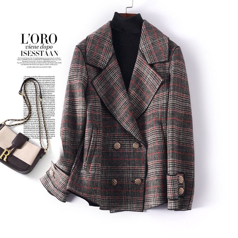 单面毛呢外套女短款西装领双排扣韩版时尚小个子春秋新款呢子大衣