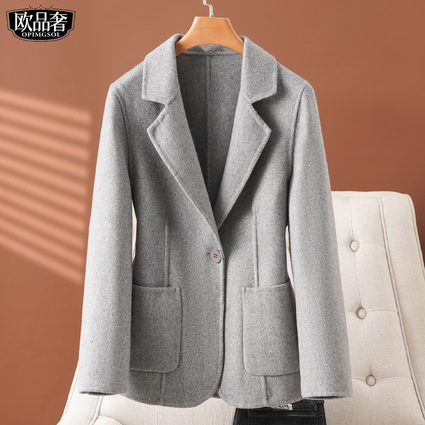 全羊毛呢西装外套女短款修身气质加大码2026春新款双面绒西服大衣