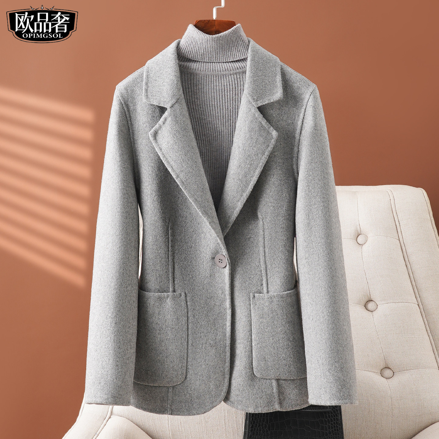 全羊毛呢外套女式西服领修身气质小个子大码2026春新款双面呢大衣