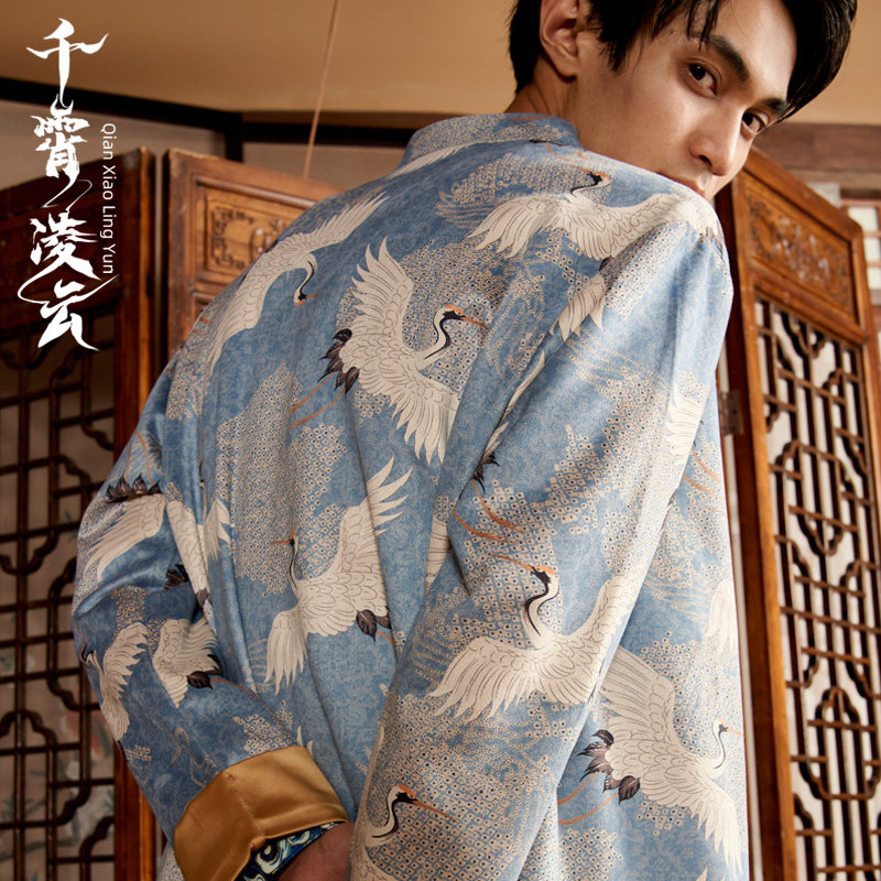 蓝色仙鹤 千霄凌云中国风男印花夹克
