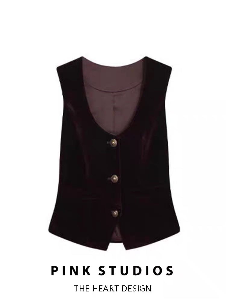 秋季 复古老钱风U领丝绒马甲女早秋高级感收腰叠穿无袖背心女马夹