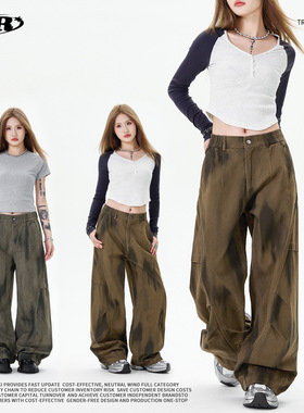 OREETA丨扎染渐变弯刀工装裤潮牌高街压褶阔腿休闲直筒纯棉工装裤