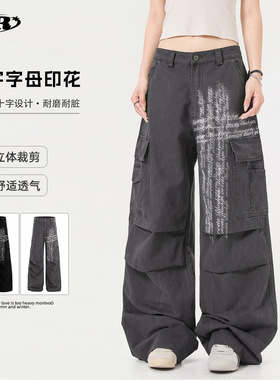 OREETA丨美式街头风字母印花工装裤男女复古vintage褶皱休闲裤