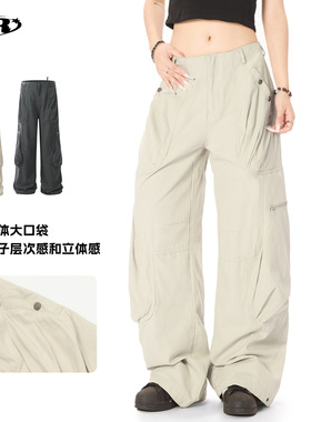 OREETA丨美式高街多口袋褶皱工装裤男女街头潮牌阔腿拖地长裤跨境