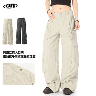 OREETA丨美式高街多口袋褶皱工装裤男女街头潮牌阔腿拖地长裤跨境