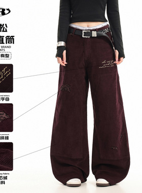 OREETA丨复古老钱风灯芯绒工装裤男女可穿豹纹贴布绣直筒休闲裤
