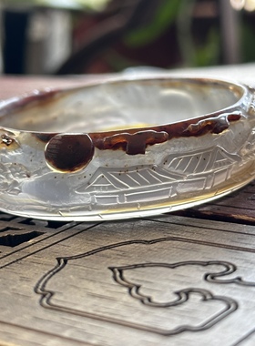 天然巴玉玛瑙手镯冰透俏色巧雕山水立体景观亭台楼阁意境镯57口径