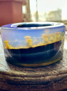 天然巴西花料水墨象形山景意境金蘑菇景观黑玛瑙扳指戒圈吊坠挂件