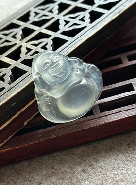 天然高冰种青绿冰飘玛瑙手工雕刻乐佛佛公吊坠冰透饱满一线飘雪