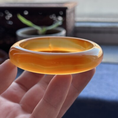 云臻阁天然高冰俏色黄冰飘红冰透荧光玛瑙冰种手镯60口径