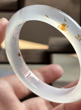 云臻阁天然海洋玉髓马料草花白冰冰透水墨飘花小草玛瑙手镯59口径