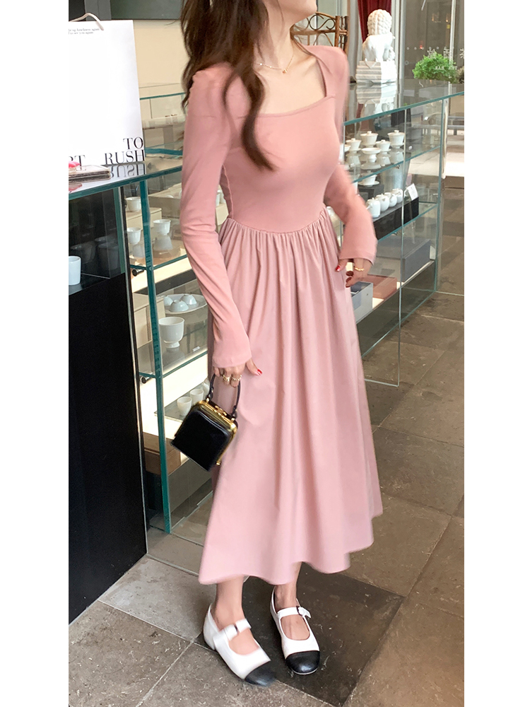 最小的海 针织拼接长袖方领连衣裙2024新款高级感修身气质长裙女