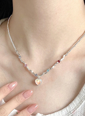 韩国东大门新款爱心月光石彩珠项链串珠圆珠元气清新少女配饰