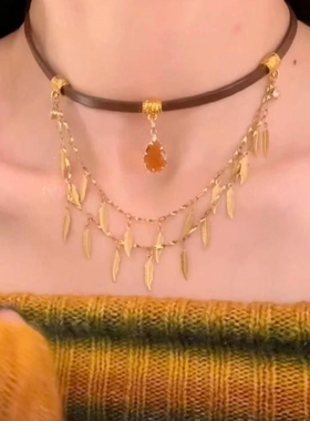 香槟色水滴树叶流苏锁骨链日韩简约设计吊坠颈链素雅温柔仙气项链