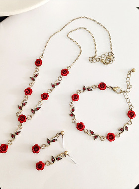 复古少女森系超仙玫瑰花朵手链温柔少女感气质百搭项链耳环套装