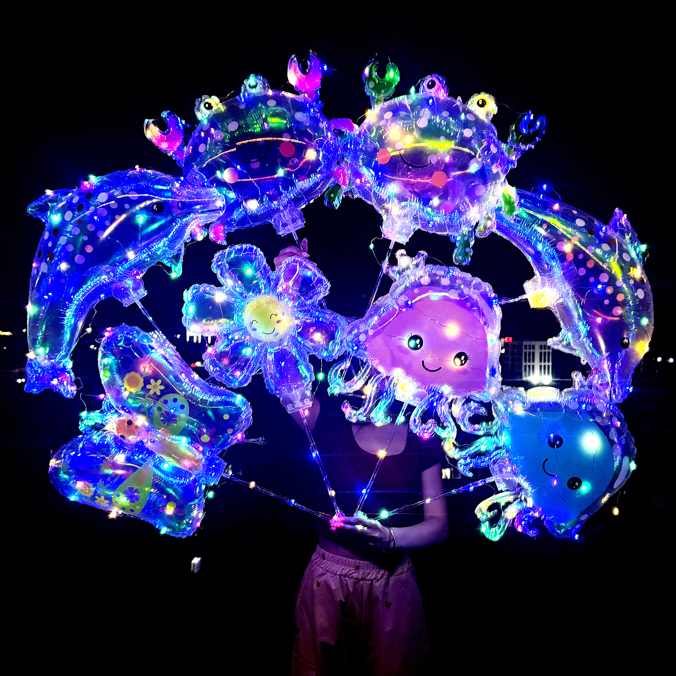 新款炫彩水母透明蝴蝶结夹片发光手持棒气球学校活动道具夜市摆摊