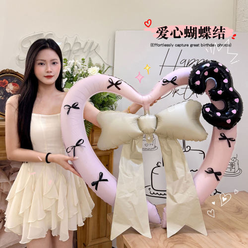 新款公主风女宝宝生日派对蝴蝶结爱心带数字气球装饰布置场景道具