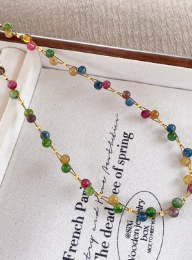 森系彩色多巴胺天然碧玺石彩虹串珠项链女百搭高级感编织颈链