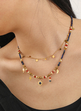 复古民族风青金石串珠女项链LISHAN原创设计款小众个性钛钢锁骨链