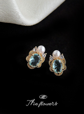 海蓝宝镀14K微镶锆石文艺复古通勤百搭创意设计耳饰新款耳钉饰品