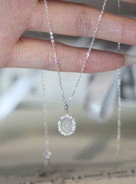 S925纯银白玉髓项链2025夏季新款椭圆吊坠简约气质百搭高级感