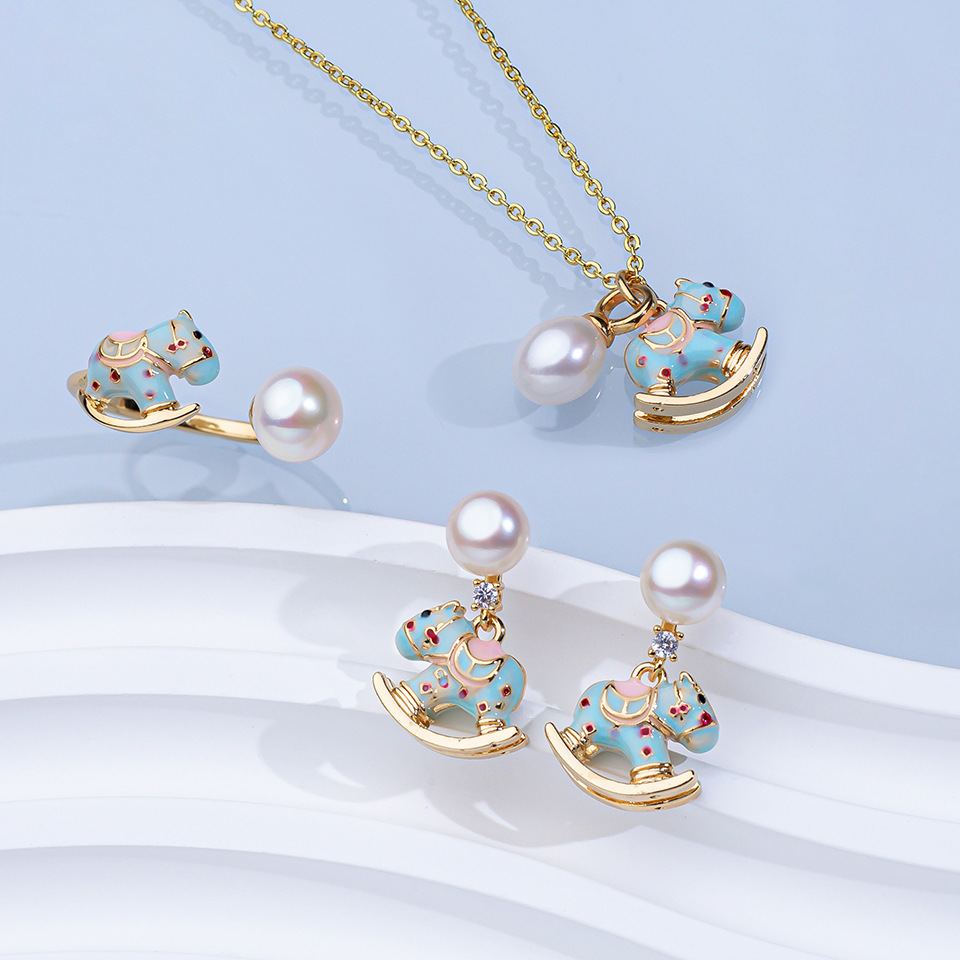 马上有钱淡水珍珠套装戒指吊坠耳钉项链滴釉可爱卡通高级感饰品