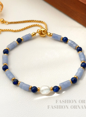 铜镀真金复古撞色天然石串珠手链个性小众高级感养殖珍珠手饰2882
