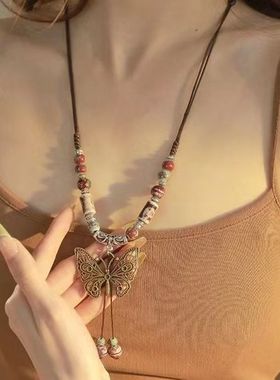 复古风波西米亚项链港味陶瓷蝴蝶吊坠项链女新款民族风项链长款