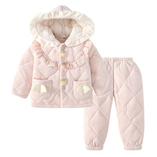 儿童三层加绒加厚睡衣女童花边带帽睡衣宝宝女孩中大童保暖家居服