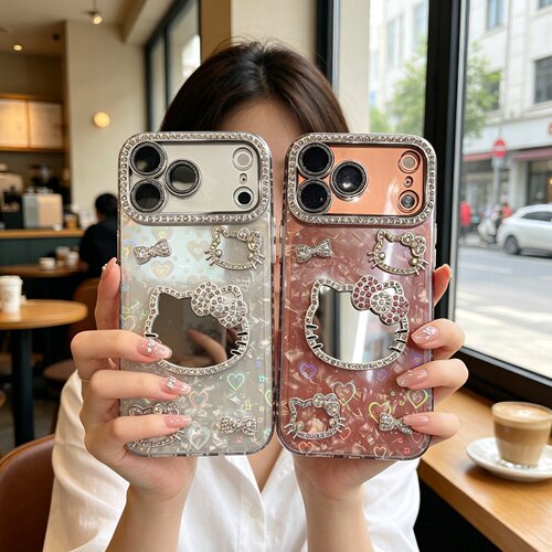 ins甜美爱心立体KT猫咪补妆镜子适用iPhone17PM手机壳苹果16pro max小众15plus全包14ProMax网红13女12防摔11