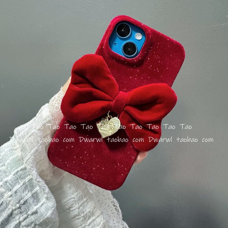 秋冬毛茸茸闪粉大红立体蝴蝶结适用iPhone17Pro手机壳苹果16pro max日韩15全包14软13新款11pm网红12防摔保护,3C数码配件,手机保护套/壳,淘宝优惠券,粉丝福利购,淘宝优惠卷