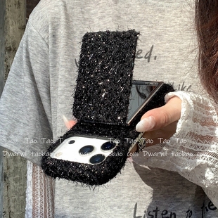 ins秋冬毛绒补妆镜子适用iPhone17pro max手机壳苹果16Pro高级感15Max化妆镜面14promax日韩13女款软保护套潮