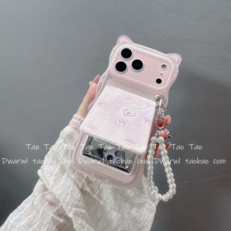 可爱粉猫耳朵极光钻石补妆镜子适用iPhone17手链手机壳苹果17pro max女款16ProMax韩15pro全包14呆萌13pm