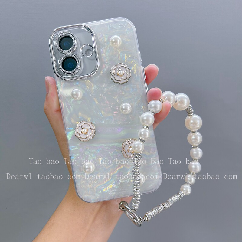 小清新ins立体山茶花珍珠手链适用iPhone16promax手机壳iPhone15promax硅14/13全包边15软11高级4.5+1.8+3.5