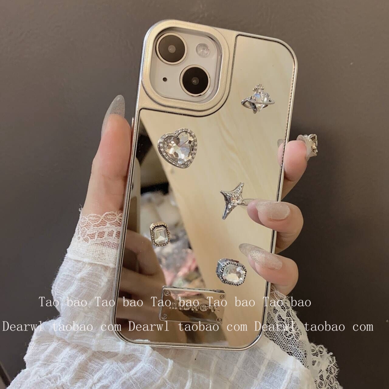 夏日镜面手机壳立体水钻爱心适用苹果15电镀14promax女款镜子ip13Pro日韩系12MAX可爱11高级感奢华ins小众