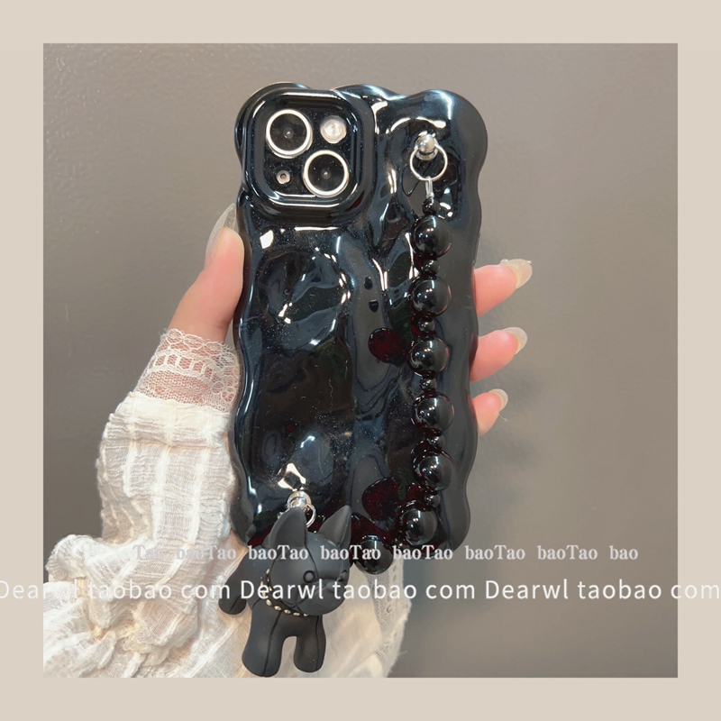 炫酷墨黑色珍珠手链条可爱小狗狗适用iPhone17简约小众苹果14PRO手腕ip12女款全包边11防摔新款潮流16女款15
