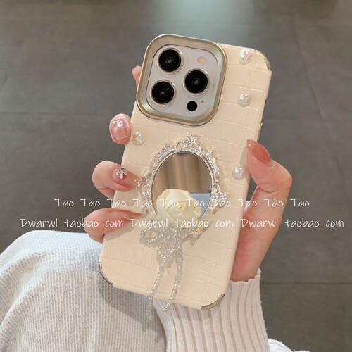 ins可爱玫瑰镜子手提链条挂绳适用iPhone17pro max手机壳苹果16P高级15plus手链14防摔13保护日韩软12全包11