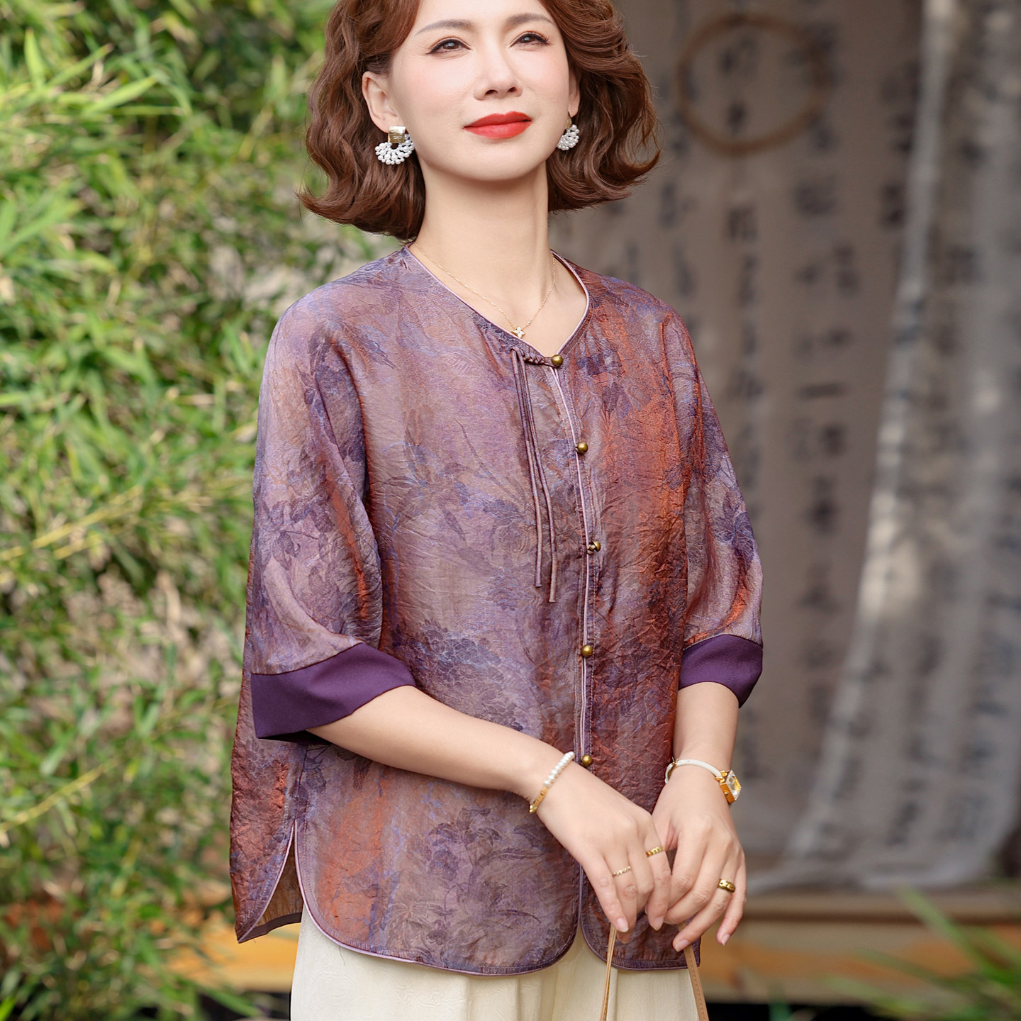 妈妈夏装国风中袖衬衫2026新款中老年女装春秋薄款新中式衬衣小衫