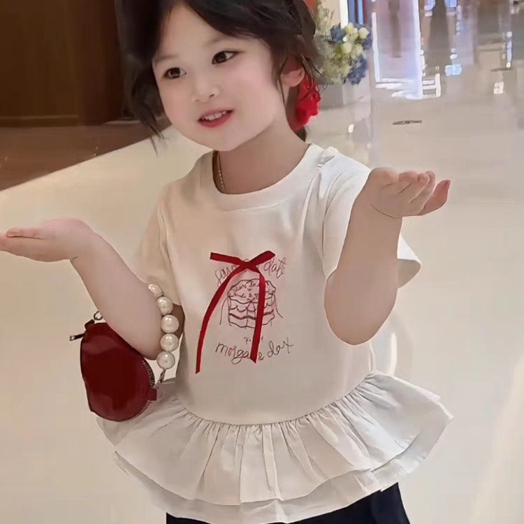 女童夏季套装2025新款女宝宝甜美拼色蝴蝶结荷叶边短袖上衣牛仔裤