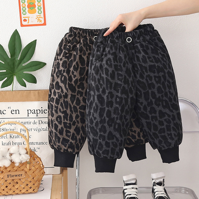 男女童三层加厚棉裤女宝宝冬季保暖裤子外穿加厚豹纹夹棉长裤洋气