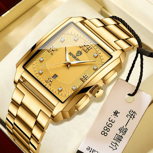 宾邦长方形男士简约石英手表运动户外日历防水男腕表Men's watch