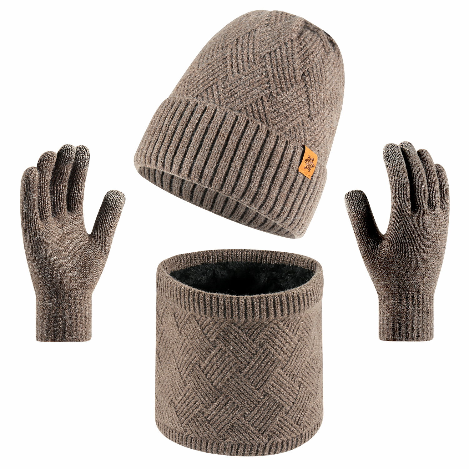 Knitted hat set with scarf and gloves solid color fluffy