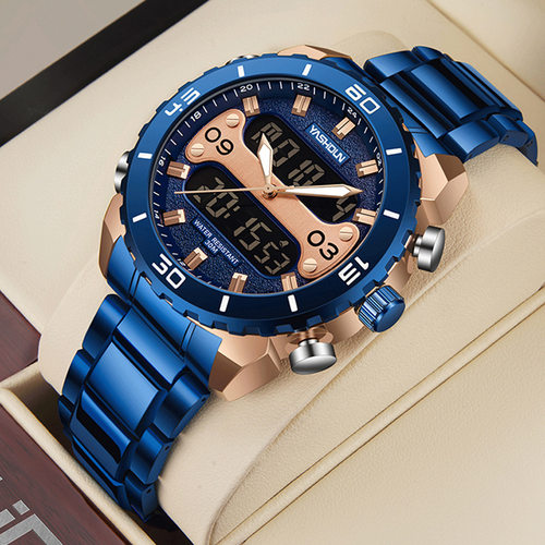 多功能防水电子手表双机芯商务钢带手表男表Men's digital watch