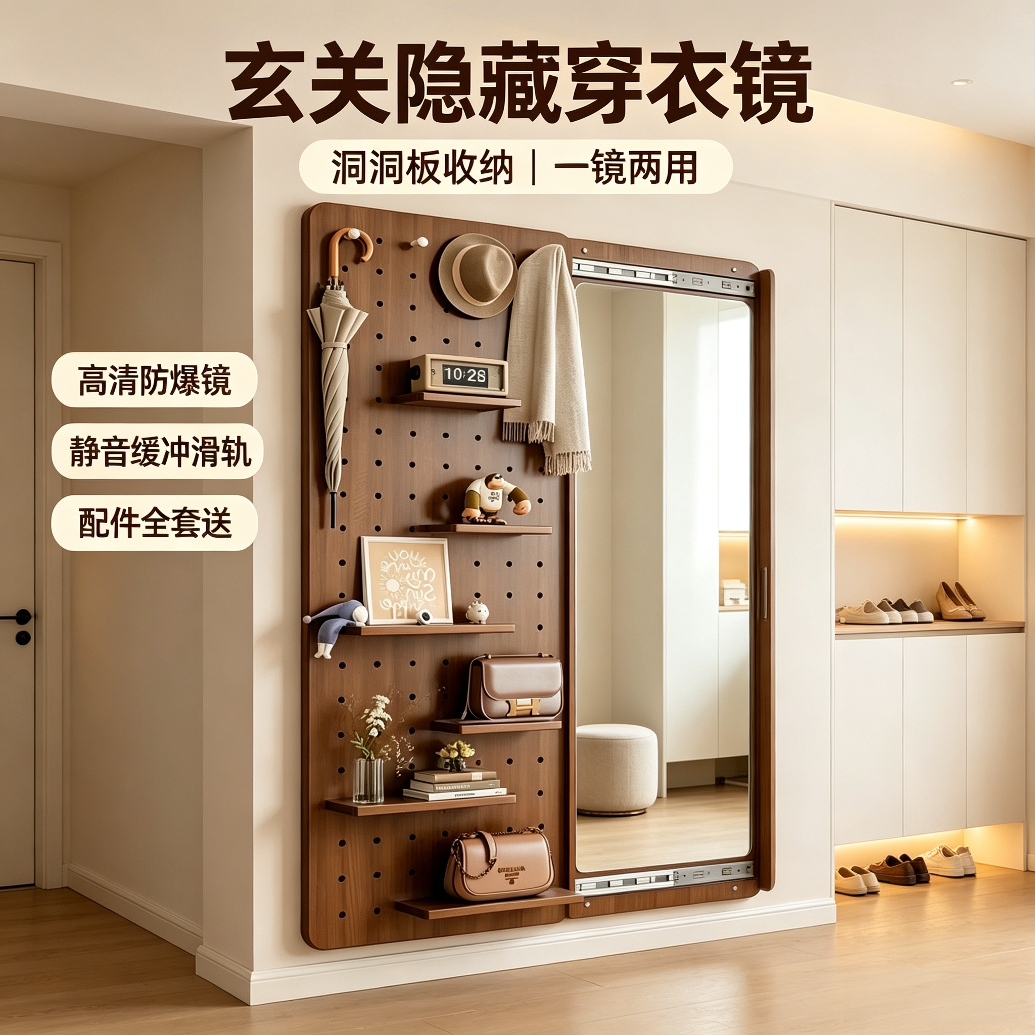 实木玄关洞洞板穿衣镜隐形推拉一体可关闭全身镜子入户门口全身镜图片