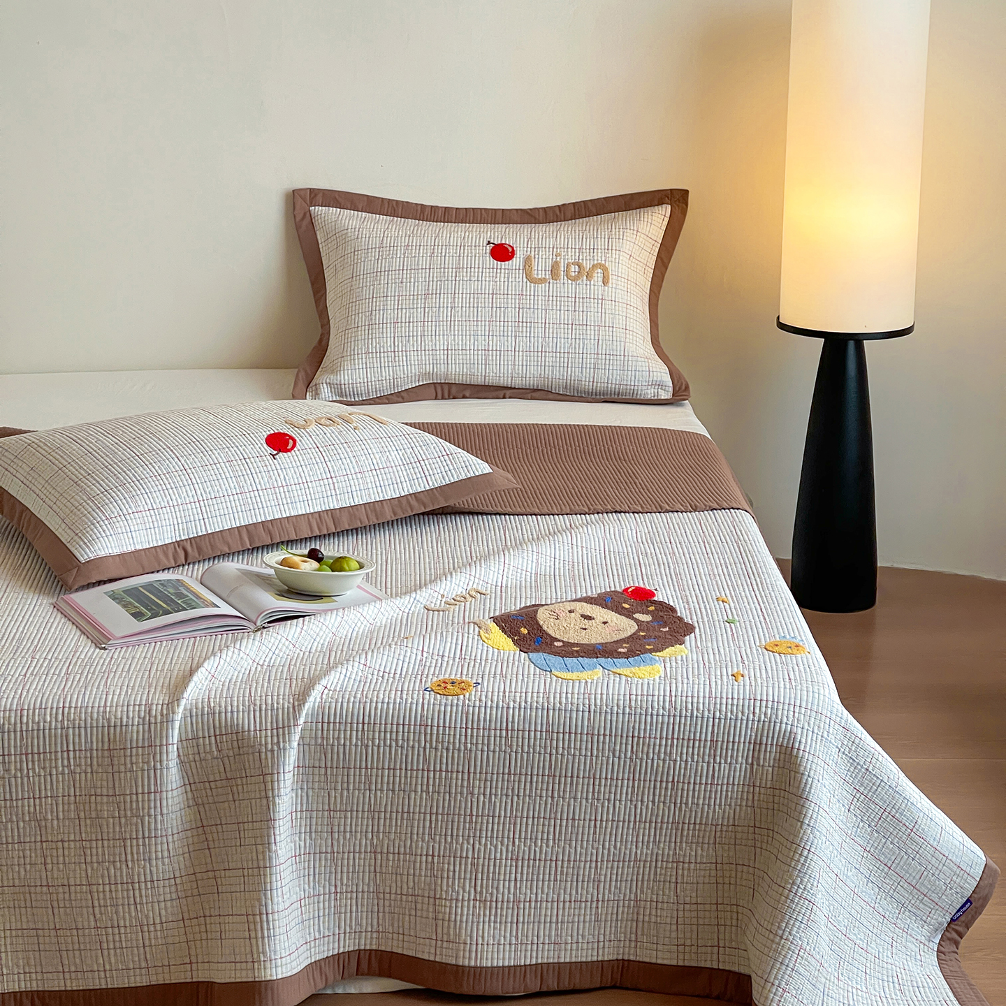 小清新全棉双层纱绗缝床盖三件套