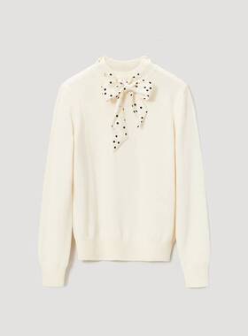 OVV秋冬新款丝巾领两穿绵羊毛精纺休闲长袖针织衫