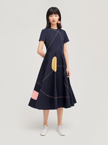 OVV女装几何图形拼接短袖连衣裙女GQLBJ39102A 国内正品代购